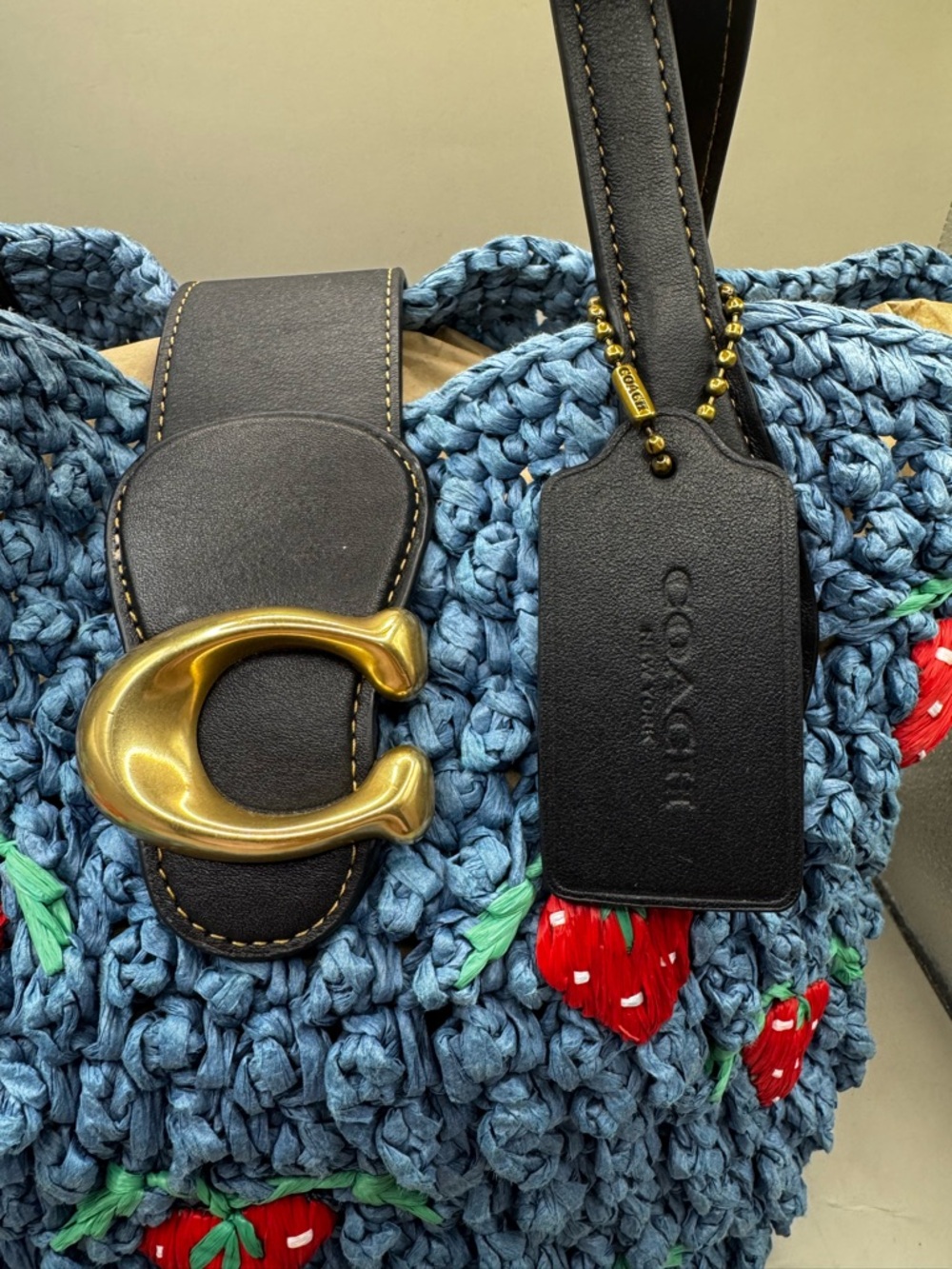 Coach Blue Crochet Tote with Red Strawberry Motif - Picture 3 of 8